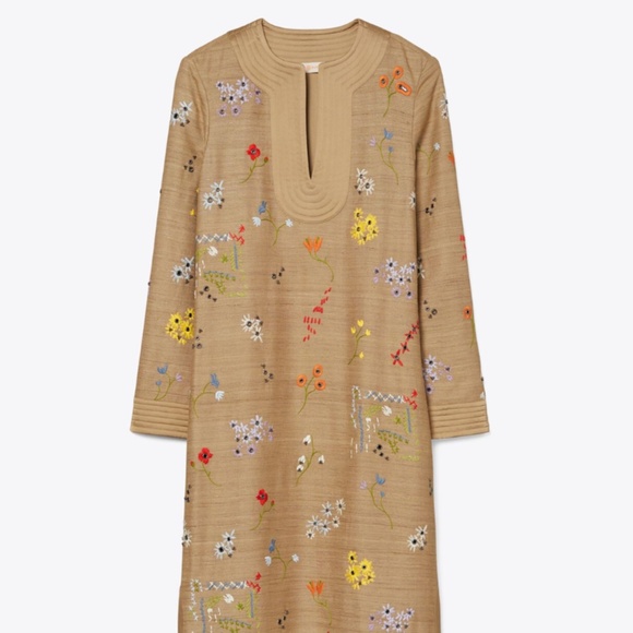 Tory Burch embroidered caftan stone khaki Medium M $1398 - Picture 1 of 14